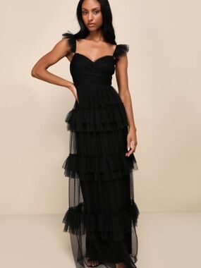 Lulus Pure Radiance Black Mesh Swiss Dot Tiered Maxi Dress - Size S